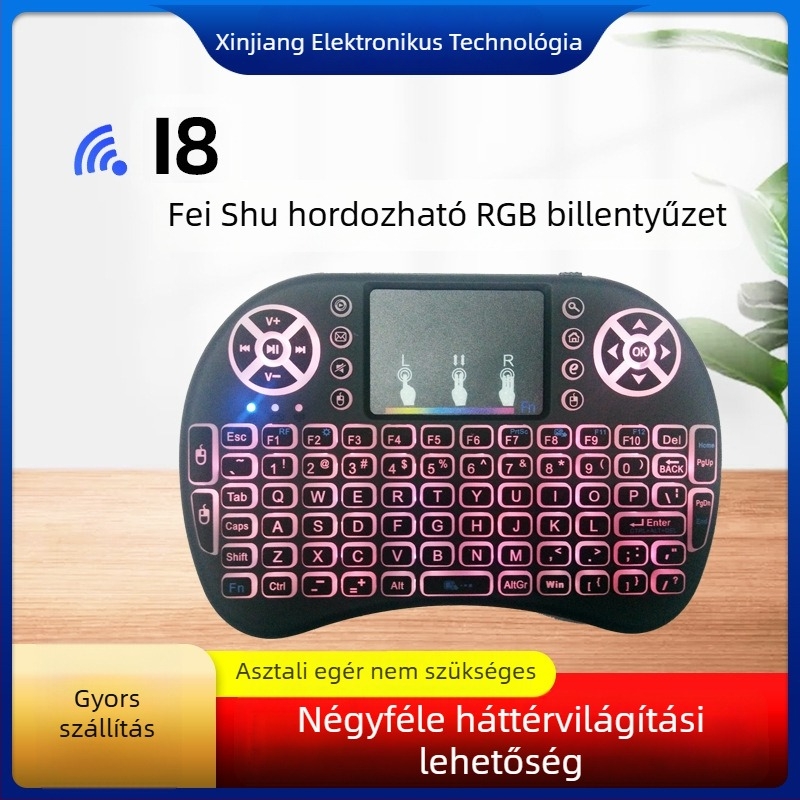 Vezeték nélküli mini háttérvilágítású billentyűzet légi egérrel (i8) – USB interfész, 10 m hatótáv, 2000 dpi