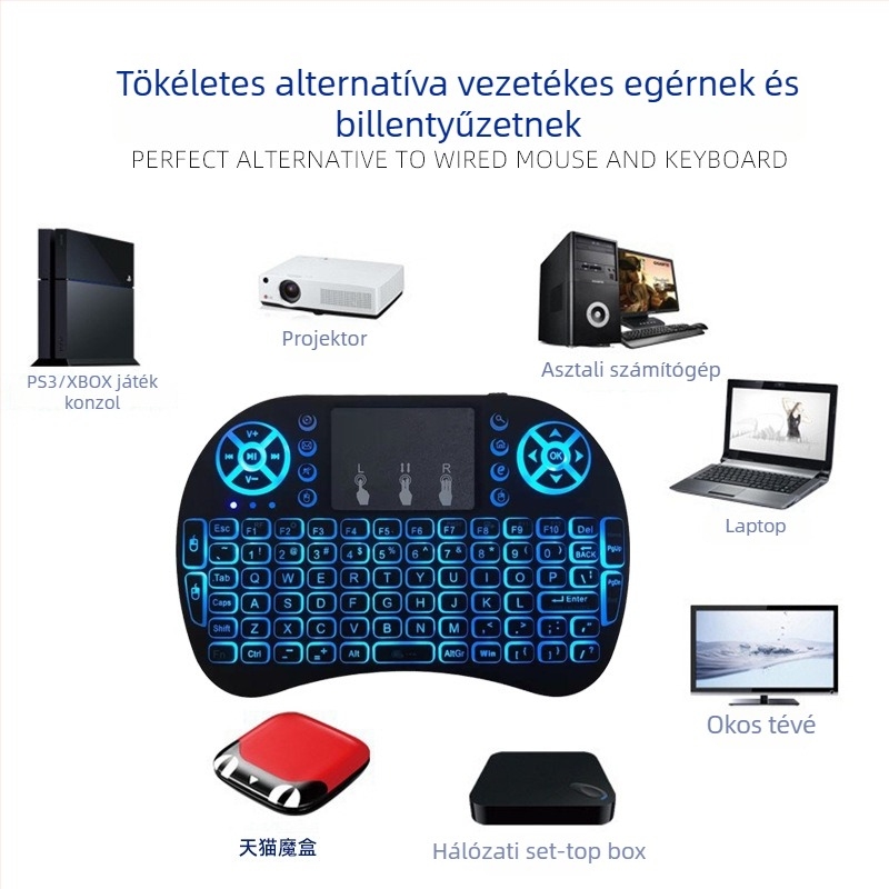 Vezeték nélküli mini háttérvilágítású billentyűzet légi egérrel (i8) – USB interfész, 10 m hatótáv, 2000 dpi