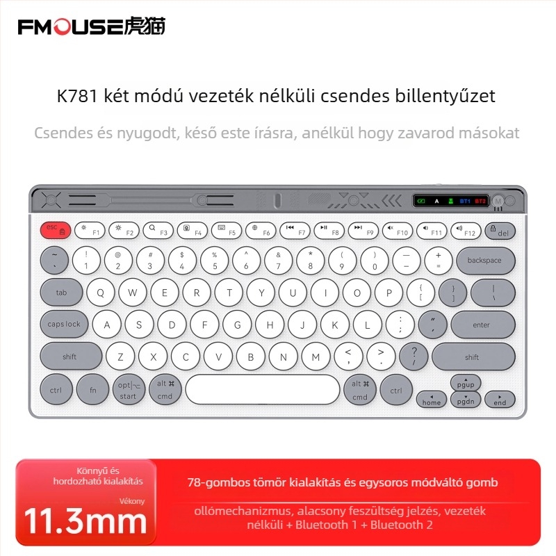 Bluetooth billentyűzet 87 gombos, újratölthető, univerzális kompatibilitás, olló-kapcsolós billentyűzet, ABS műanyag test