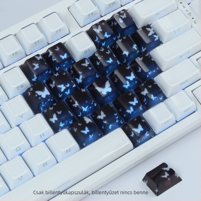 Átlátszó pillangó mintás kulcstartó készlet vezeték nélküli mechanikus billentyűzethez, 21 gomb, PC anyag, USB interfész