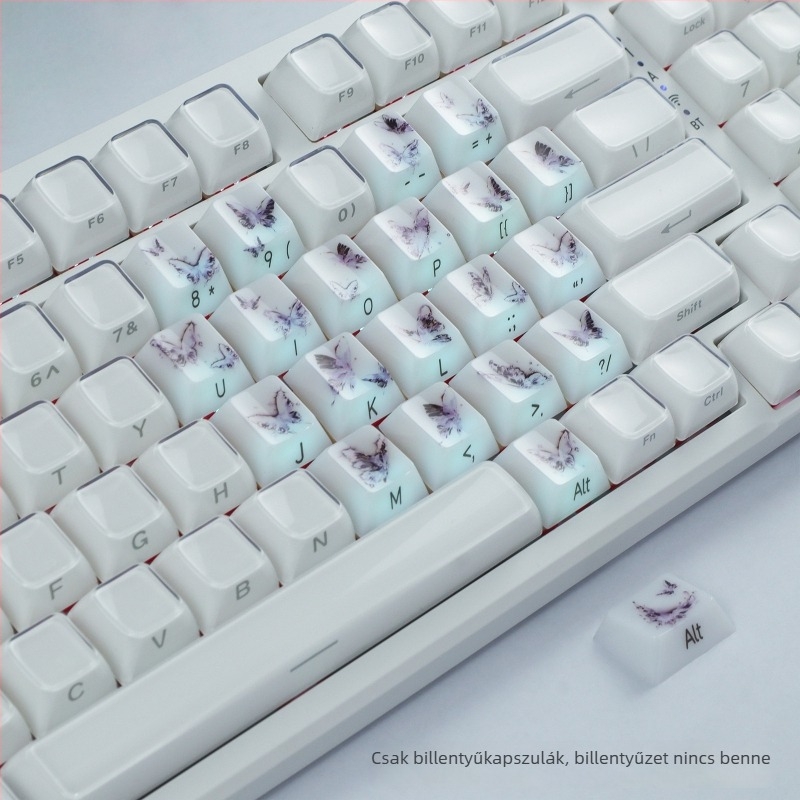 Átlátszó pillangó mintás kulcstartó készlet vezeték nélküli mechanikus billentyűzethez, 21 gomb, PC anyag, USB interfész