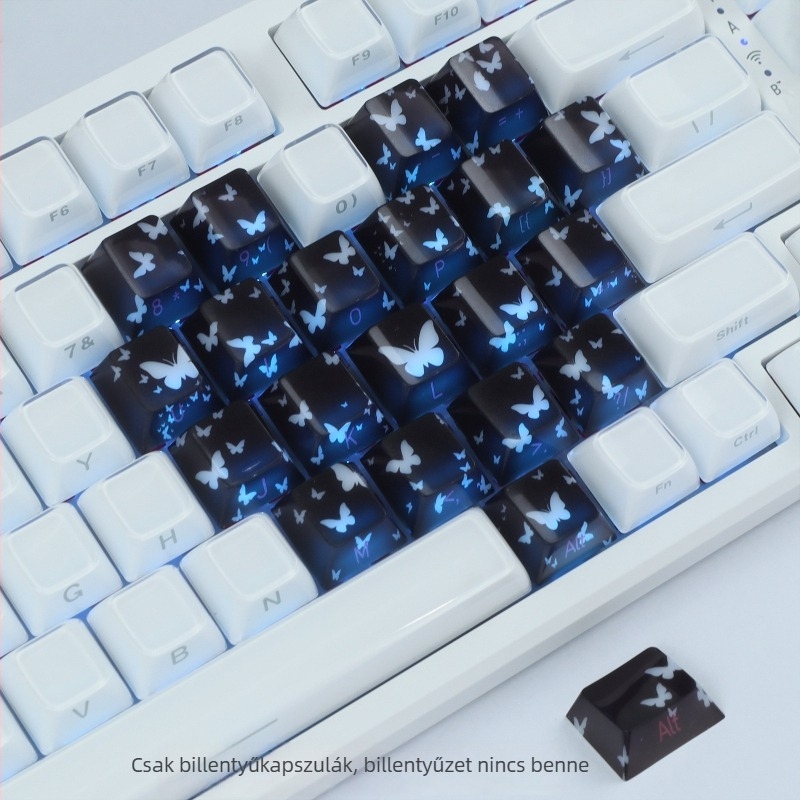 Átlátszó pillangó mintás kulcstartó készlet vezeték nélküli mechanikus billentyűzethez, 21 gomb, PC anyag, USB interfész