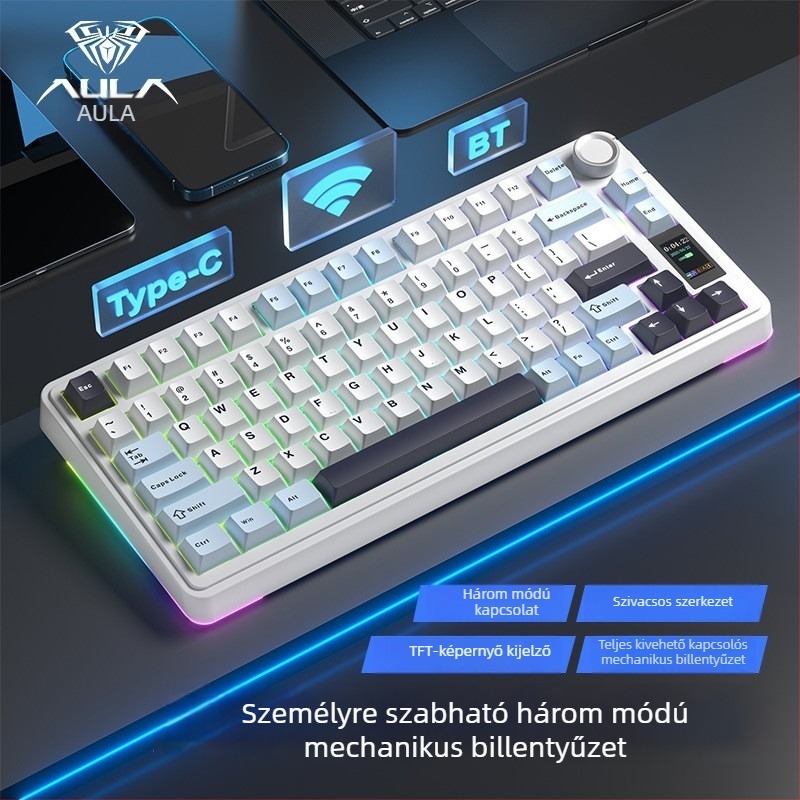 Wolf Spider S75Pro Hárommódos mechanikus gamer billentyűzet, 80 gomb, Bluetooth, RGB háttérvilágítás