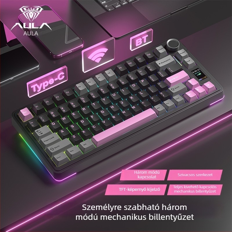 Wolf Spider S75Pro Hárommódos mechanikus gamer billentyűzet, 80 gomb, Bluetooth, RGB háttérvilágítás