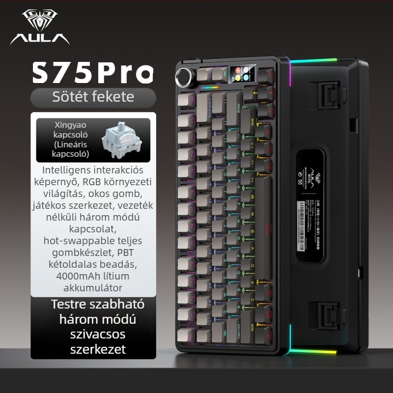 Wolf Spider S75Pro Hárommódos mechanikus gamer billentyűzet, 80 gomb, Bluetooth, RGB háttérvilágítás