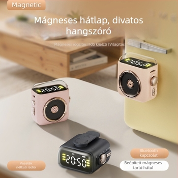 Bluetooth hangszóró éjjeli fénnyel és órával, hordozható mágneses hátlapi klippel, 5W, Bluetooth 5.3, 100 Hz–20 kHz, 10 m hatótávolság, beépített akkumulátor