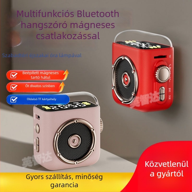 Bluetooth hangszóró éjjeli fénnyel és órával, hordozható mágneses hátlapi klippel, 5W, Bluetooth 5.3, 100 Hz–20 kHz, 10 m hatótávolság, beépített akkumulátor