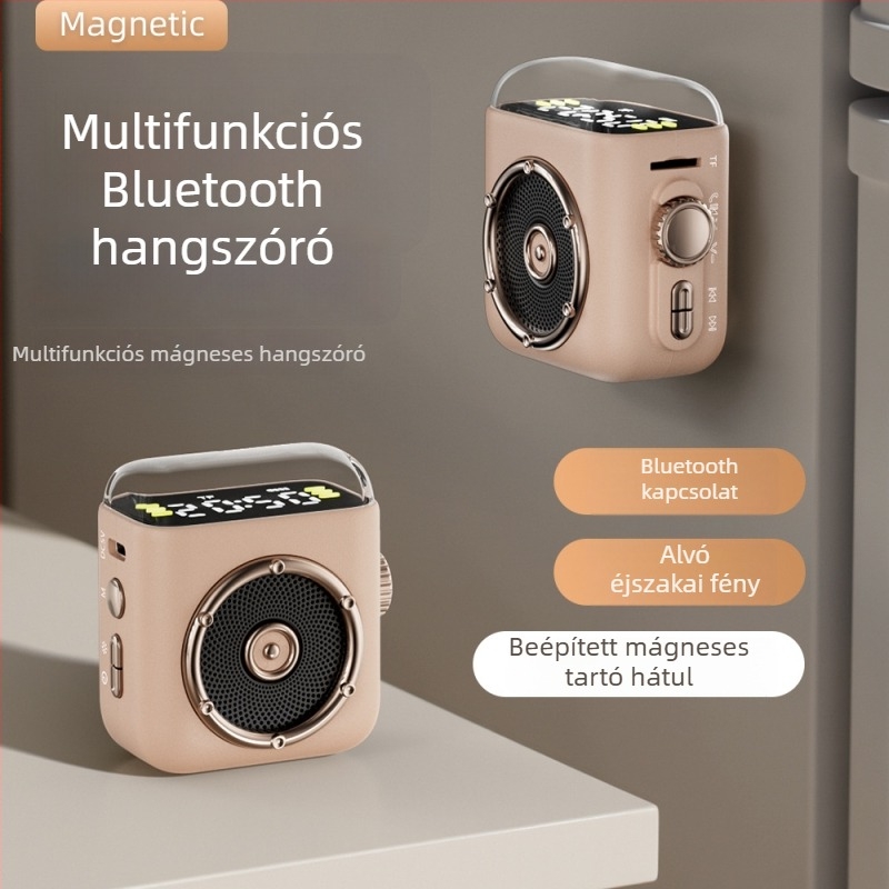 Bluetooth hangszóró éjjeli fénnyel és órával, hordozható mágneses hátlapi klippel, 5W, Bluetooth 5.3, 100 Hz–20 kHz, 10 m hatótávolság, beépített akkumulátor