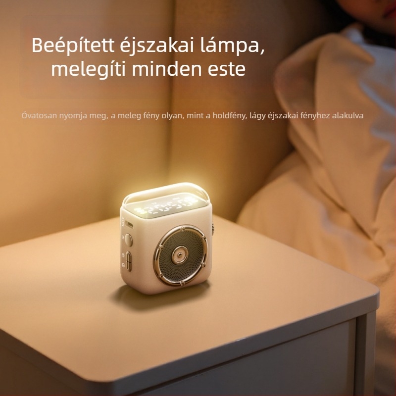 Bluetooth hangszóró éjjeli fénnyel és órával, hordozható mágneses hátlapi klippel, 5W, Bluetooth 5.3, 100 Hz–20 kHz, 10 m hatótávolság, beépített akkumulátor
