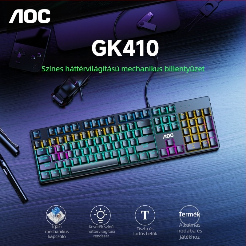 AOC GK410 játékos mechanikus billentyűzet, 104 gomb, kábeles, mechanikus kapcsolók, fém ház, háttérvilágítás