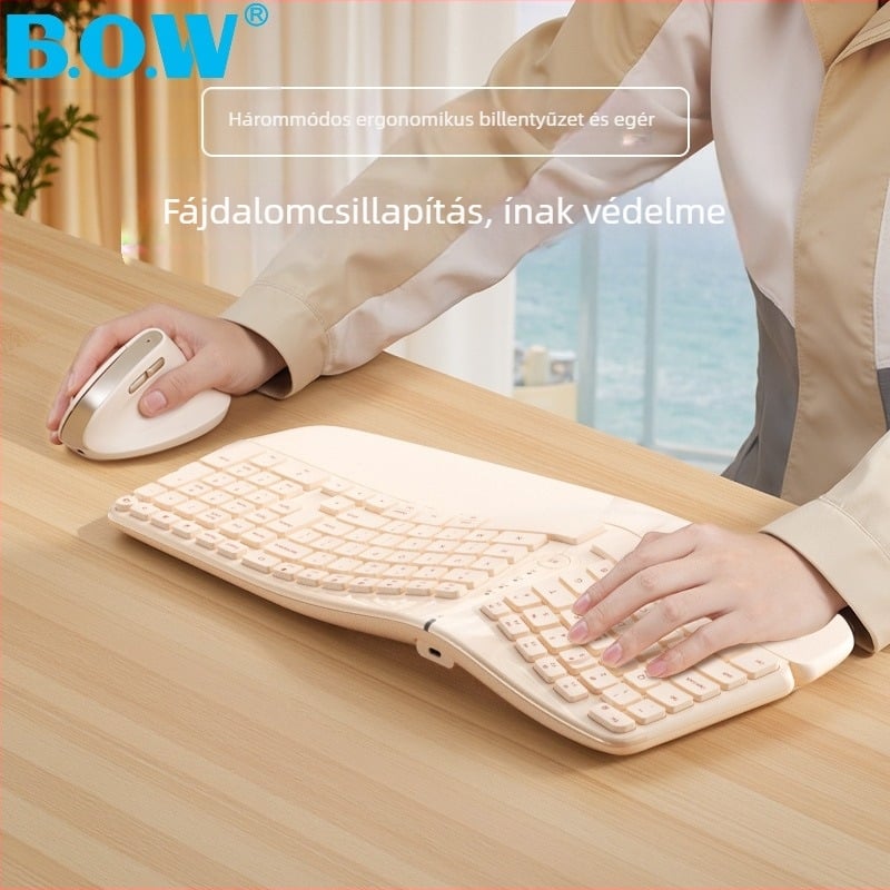 Ergonomenikus billentyűzet és egér készlet, három módozatú vezeték nélküli/Bluetooth kapcsolat, 98+ billentyű, csuklótámasz