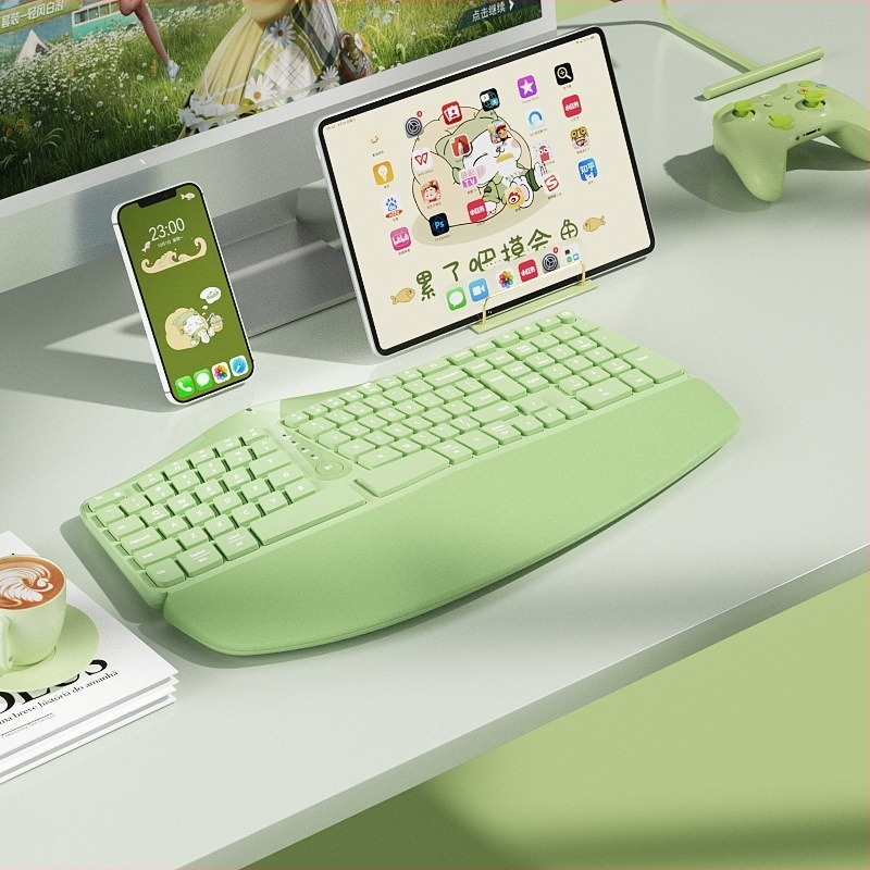 Ergonomenikus billentyűzet és egér készlet, három módozatú vezeték nélküli/Bluetooth kapcsolat, 98+ billentyű, csuklótámasz