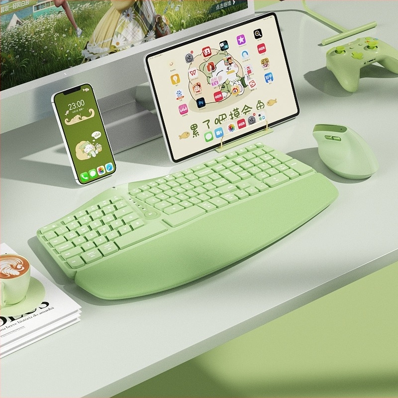 Ergonomenikus billentyűzet és egér készlet, három módozatú vezeték nélküli/Bluetooth kapcsolat, 98+ billentyű, csuklótámasz