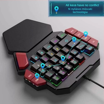 Balkezes gaming billentyűzet, 87 gombos, USB-kábellel, mechanikus kapcsolók, RGB háttérvilágítás, csukló-támasz