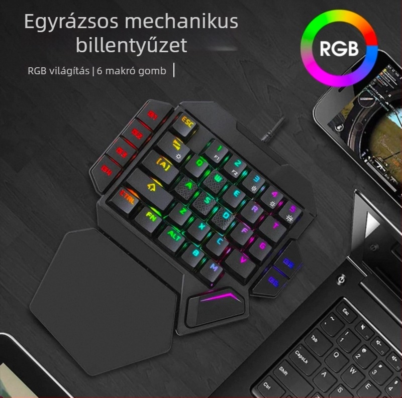 Balkezes gaming billentyűzet, 87 gombos, USB-kábellel, mechanikus kapcsolók, RGB háttérvilágítás, csukló-támasz