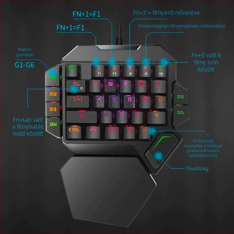 Balkezes gaming billentyűzet, 87 gombos, USB-kábellel, mechanikus kapcsolók, RGB háttérvilágítás, csukló-támasz