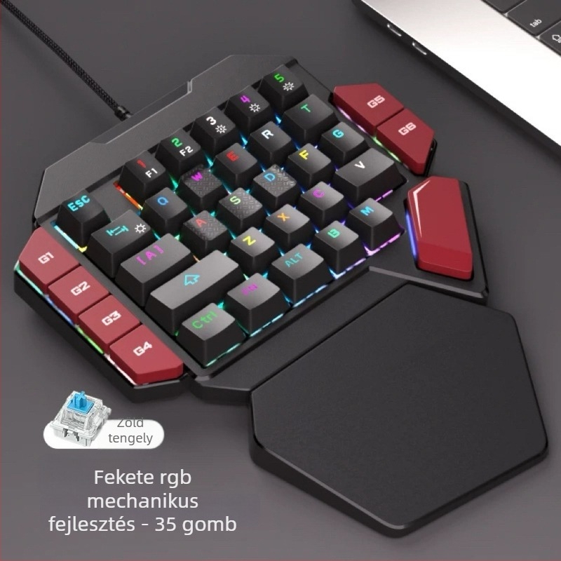 Balkezes gaming billentyűzet, 87 gombos, USB-kábellel, mechanikus kapcsolók, RGB háttérvilágítás, csukló-támasz