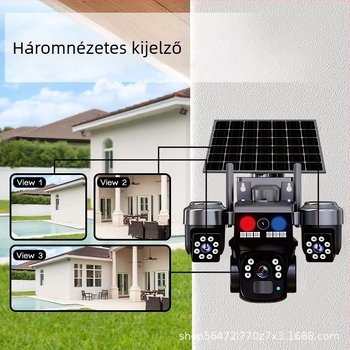 4G-s napelemes kamera, háromlencsés panoráma HD éjszakai látással, beltéri és kültéri használatra, minimális megvilágítás 0,02 lux