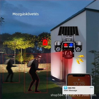 4G-s napelemes kamera, háromlencsés panoráma HD éjszakai látással, beltéri és kültéri használatra, minimális megvilágítás 0,02 lux