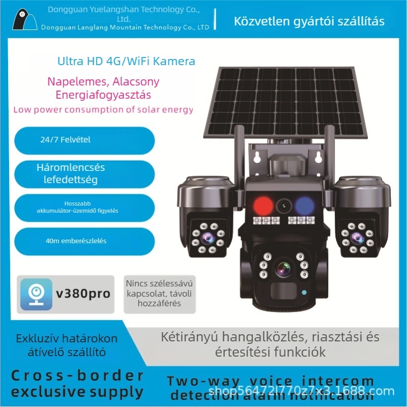 4G-s napelemes kamera, háromlencsés panoráma HD éjszakai látással, beltéri és kültéri használatra, minimális megvilágítás 0,02 lux