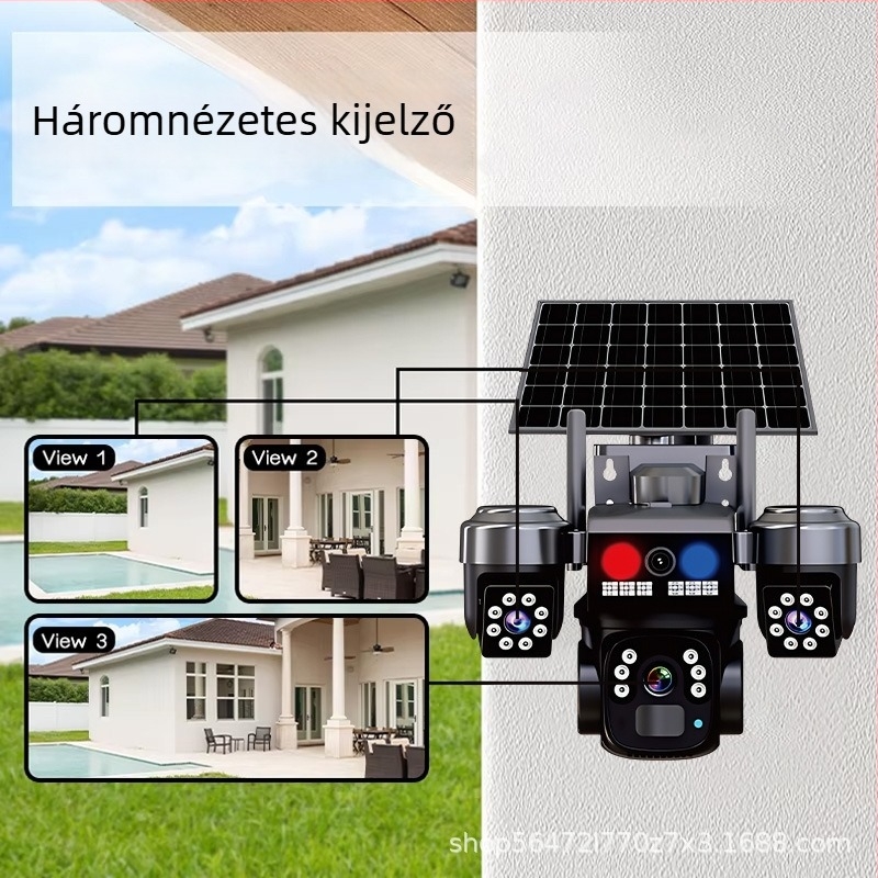 4G-s napelemes kamera, háromlencsés panoráma HD éjszakai látással, beltéri és kültéri használatra, minimális megvilágítás 0,02 lux