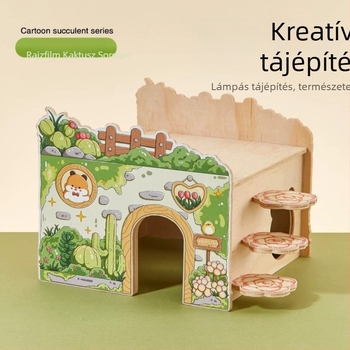 Fából készült hörcsögház odúval, fészeklétrával, kilátóplatformdal és híddal