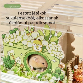 Fából készült hörcsögház odúval, fészeklétrával, kilátóplatformdal és híddal