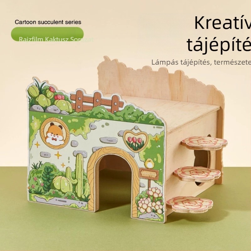 Fából készült hörcsögház odúval, fészeklétrával, kilátóplatformdal és híddal