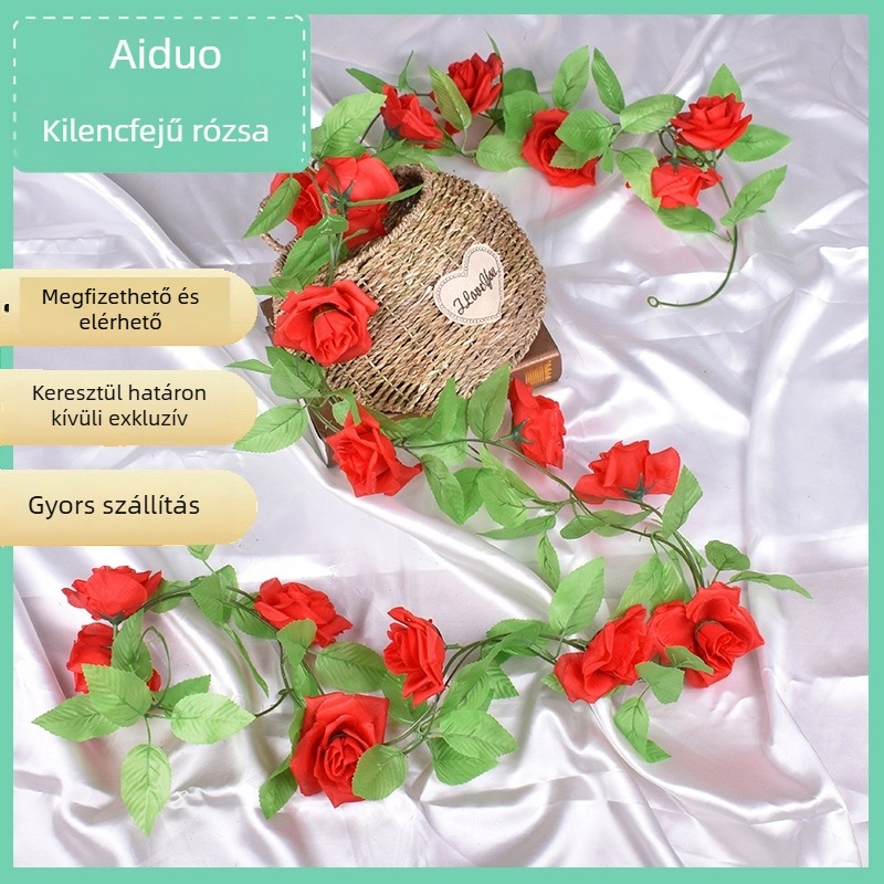 9 fejű mű rózsa futó, selyem virágok, kültéri dekoráció, ideális esküvőkhöz és rekvizíc fotózáshoz