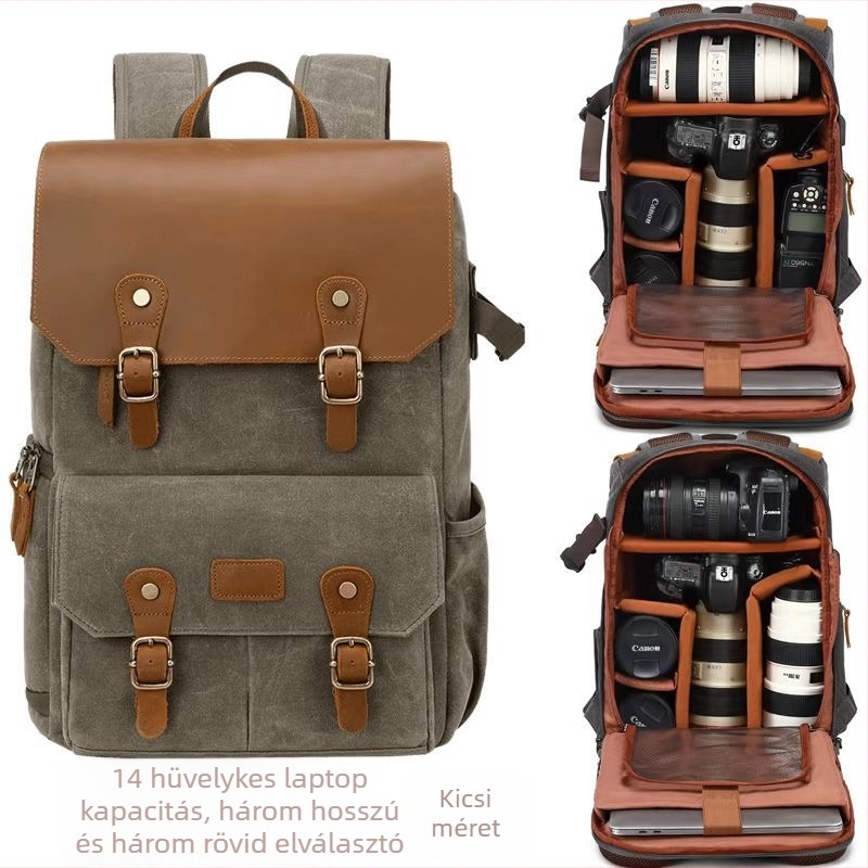 Vászon kamera táska hátizsák Canon/Nikon/Sony DSLR és mirrorless kamerákhoz — vízálló, lopás elleni védelem, kopásálló, légpárnás vállpánt