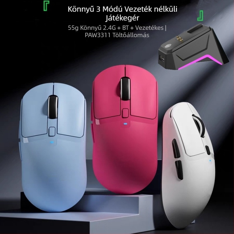 Hárommódú vezeték nélküli gamer egér – 2.4G/Bluetooth kapcsolattal, 2400dpi, 6 programozható gomb, makró programozás, töltő-dok vezeték nélküli töltéssel
