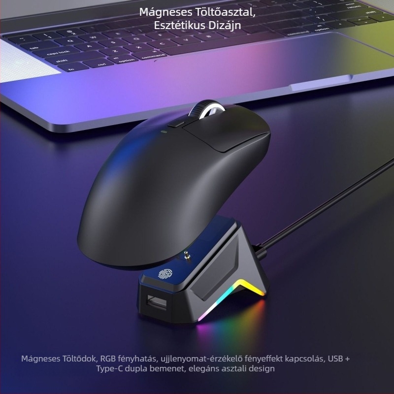 Hárommódú vezeték nélküli gamer egér – 2.4G/Bluetooth kapcsolattal, 2400dpi, 6 programozható gomb, makró programozás, töltő-dok vezeték nélküli töltéssel