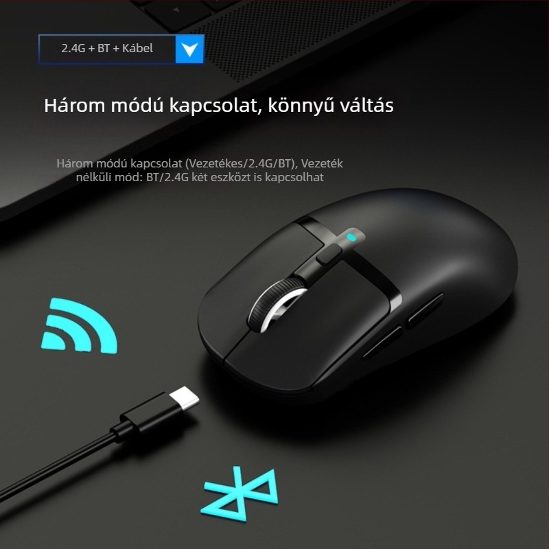 Hárommódú vezeték nélküli gamer egér – 2.4G/Bluetooth kapcsolattal, 2400dpi, 6 programozható gomb, makró programozás, töltő-dok vezeték nélküli töltéssel