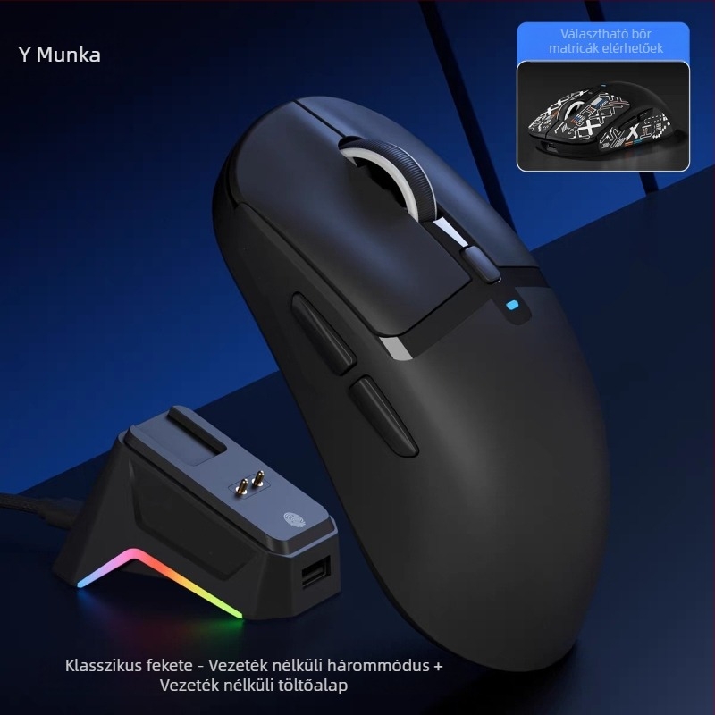 Hárommódú vezeték nélküli gamer egér – 2.4G/Bluetooth kapcsolattal, 2400dpi, 6 programozható gomb, makró programozás, töltő-dok vezeték nélküli töltéssel