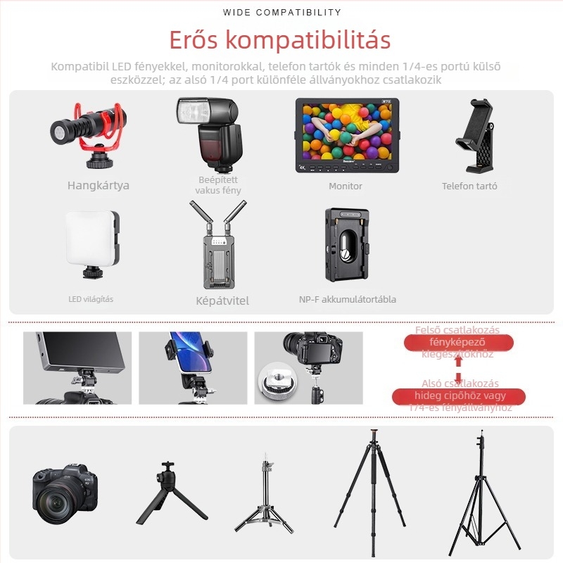 Fejlesztett fém csigás gimbal állítható csillapítással a monitor tartóhoz és a kamera forró cipőjéhez (alumíniumötvözet)