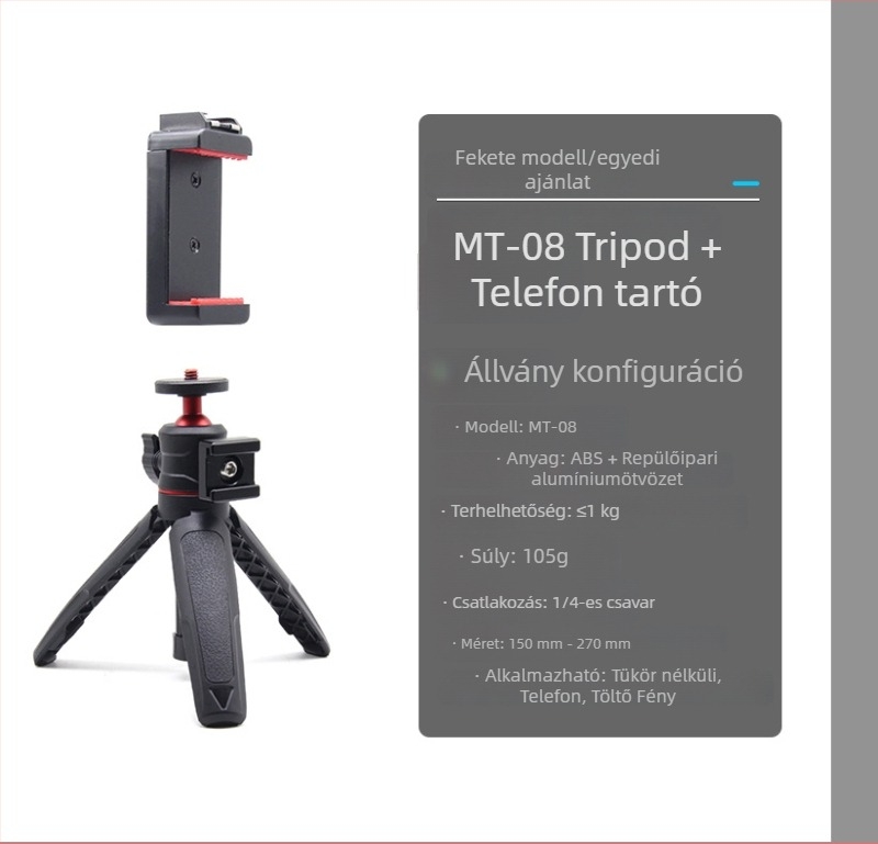 Mobiltelefonhoz és tükör nélküli kamerához való állvány gömbpan-tilt PTZ-vel, alumínium ötvözet + ABS, teherbírás max. 2 kg, kézi selfie