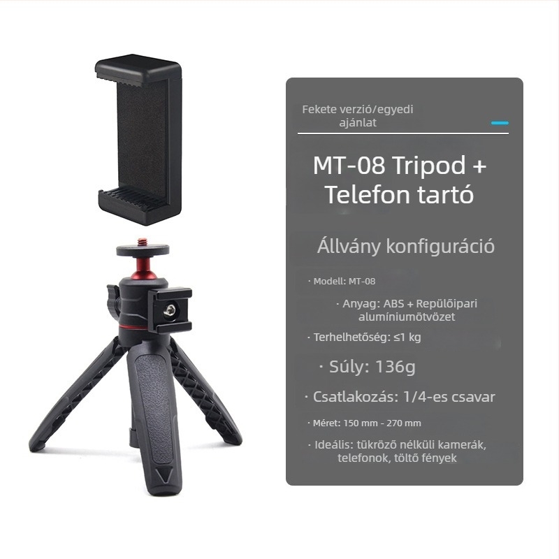 Mobiltelefonhoz és tükör nélküli kamerához való állvány gömbpan-tilt PTZ-vel, alumínium ötvözet + ABS, teherbírás max. 2 kg, kézi selfie