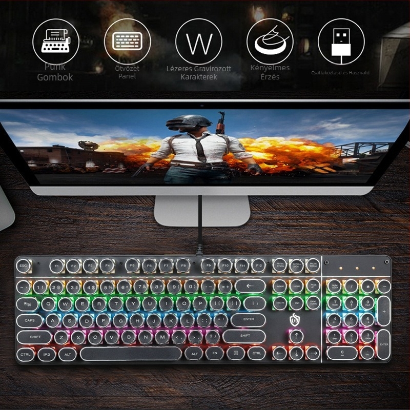 Meishang E HJK900 mechanikus gamer billentyűzet, 104 gomb, USB-kábeles, háttérvilágítással