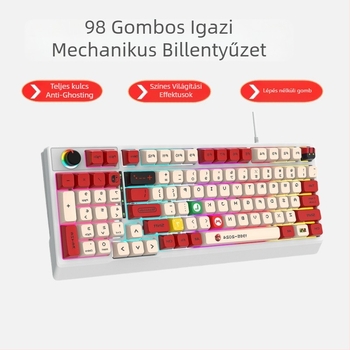 Mechanikus billentyűzet kék kapcsolóval, több mint 98 billentyű, vezetékes csatlakozás, RGB háttérvilágítás