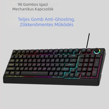 Mechanikus billentyűzet kék kapcsolóval, több mint 98 billentyű, vezetékes csatlakozás, RGB háttérvilágítás