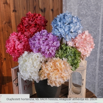 Mesterséges hortenzia virág, egy szárú, olajfestmény stílusú, esküvői dekoráció és fotózás kellékei