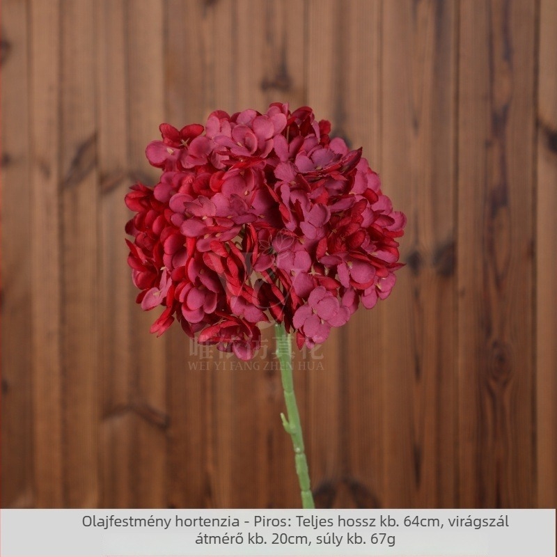 Mesterséges hortenzia virág, egy szárú, olajfestmény stílusú, esküvői dekoráció és fotózás kellékei