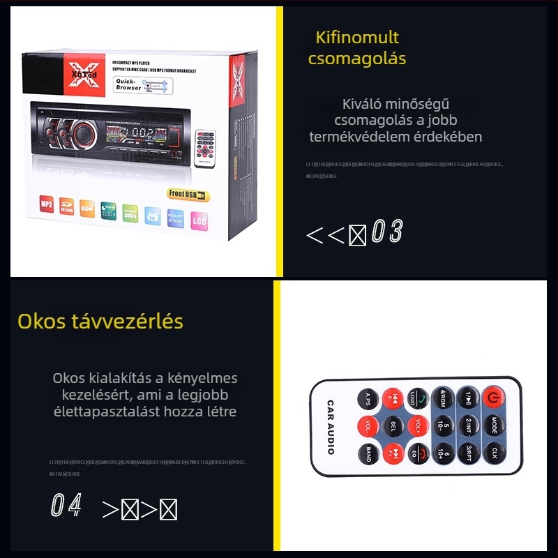 Autós MP3 lejátszó 17-es sorozat, műanyag tokozás, 12V tápegység, ISO interfész, autóban MP3 lejátszás