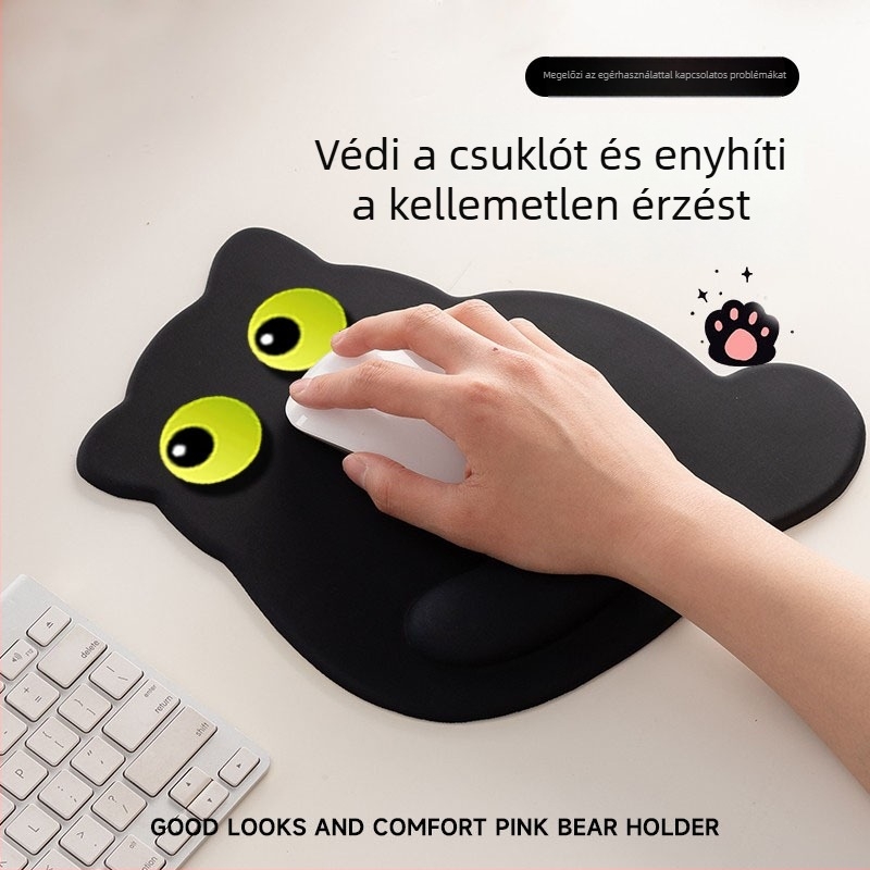 Rajzfilmszerű cicás csuklótámasz és egérpad készlet, szilikon csuklótámasz, tej-selyem hatású billentyűzet-támasz, PU csúszásmentes alap