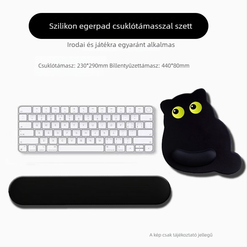 Rajzfilmszerű cicás csuklótámasz és egérpad készlet, szilikon csuklótámasz, tej-selyem hatású billentyűzet-támasz, PU csúszásmentes alap