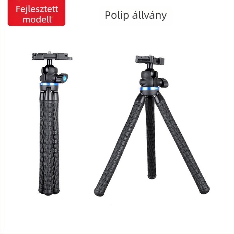 Mobiltelefonhoz asztali tripod gömbpan-tilt fejjel — ABS + szilikagél, tömeg 0,26 kg, terhelhetőség 2 kg alatt, nincs gyorscsatlakozólemez
