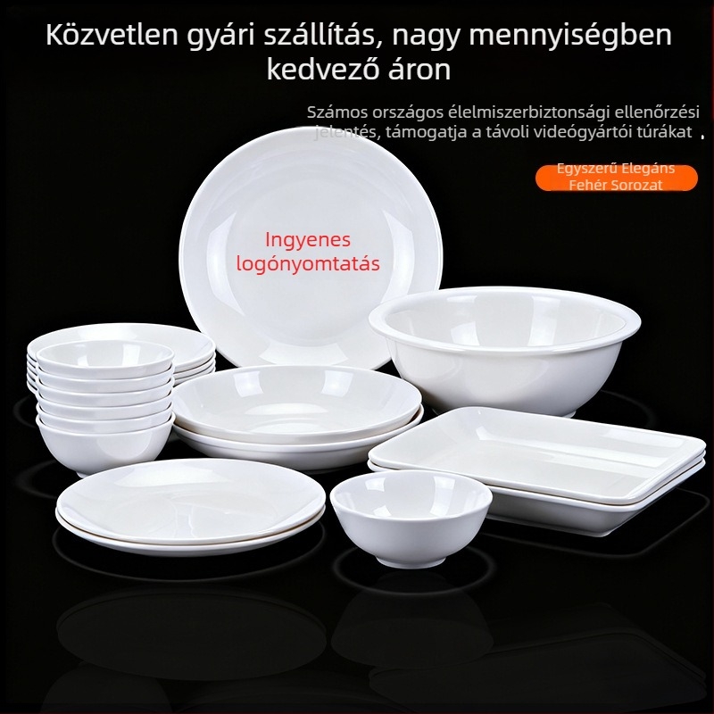 Melamin étkészlet – kör alakú, egyszerű mintázat, modern minimalist stílus; mikrohullámú sütő nem használható; logó nyomtatása lehetséges
