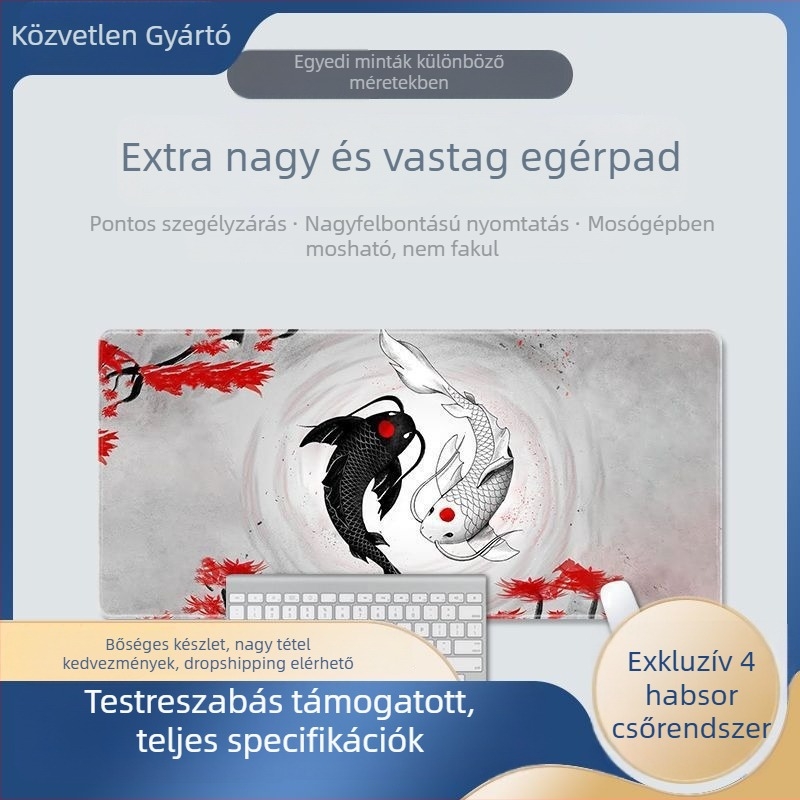 Koi Bagua nagy méretű gumírozott asztali egérpad, játékhoz és irodai használathoz, élvarrott szegéllyel