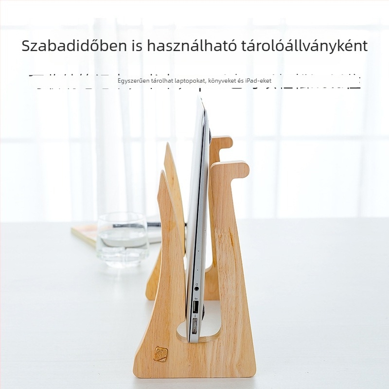 Fából készült függőleges laptop-hűtőállvány összecsukható asztali tárolóval és nyaki gerinc védelmével (Model 200200028)