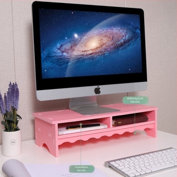 Asztali emelt laptop- és monitor-tartó, 2 rétegű PVC fa-plasztik lemez, modern letisztult stílus